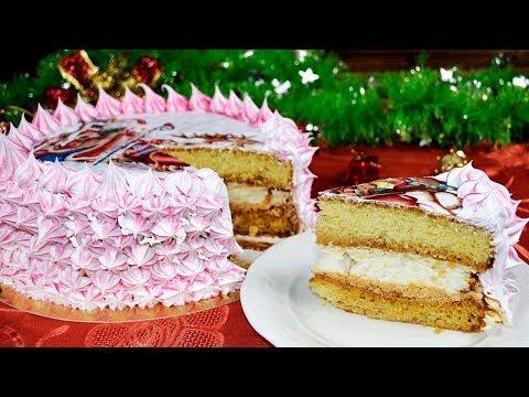 Бисквитный торт ИНЕЙ с безе и вареной сгущенкой. Новогодний торт