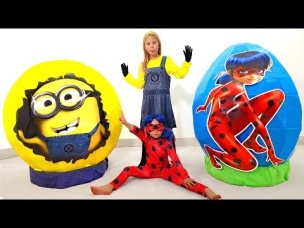 Kids play with toys in Giant Surprise eggs Ladybug