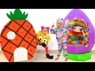 Kids play with toys in huge eggs SpongeBob and Unicorn