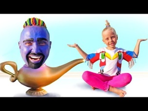 Little girl and Genie comes out of TV with Toys surprises